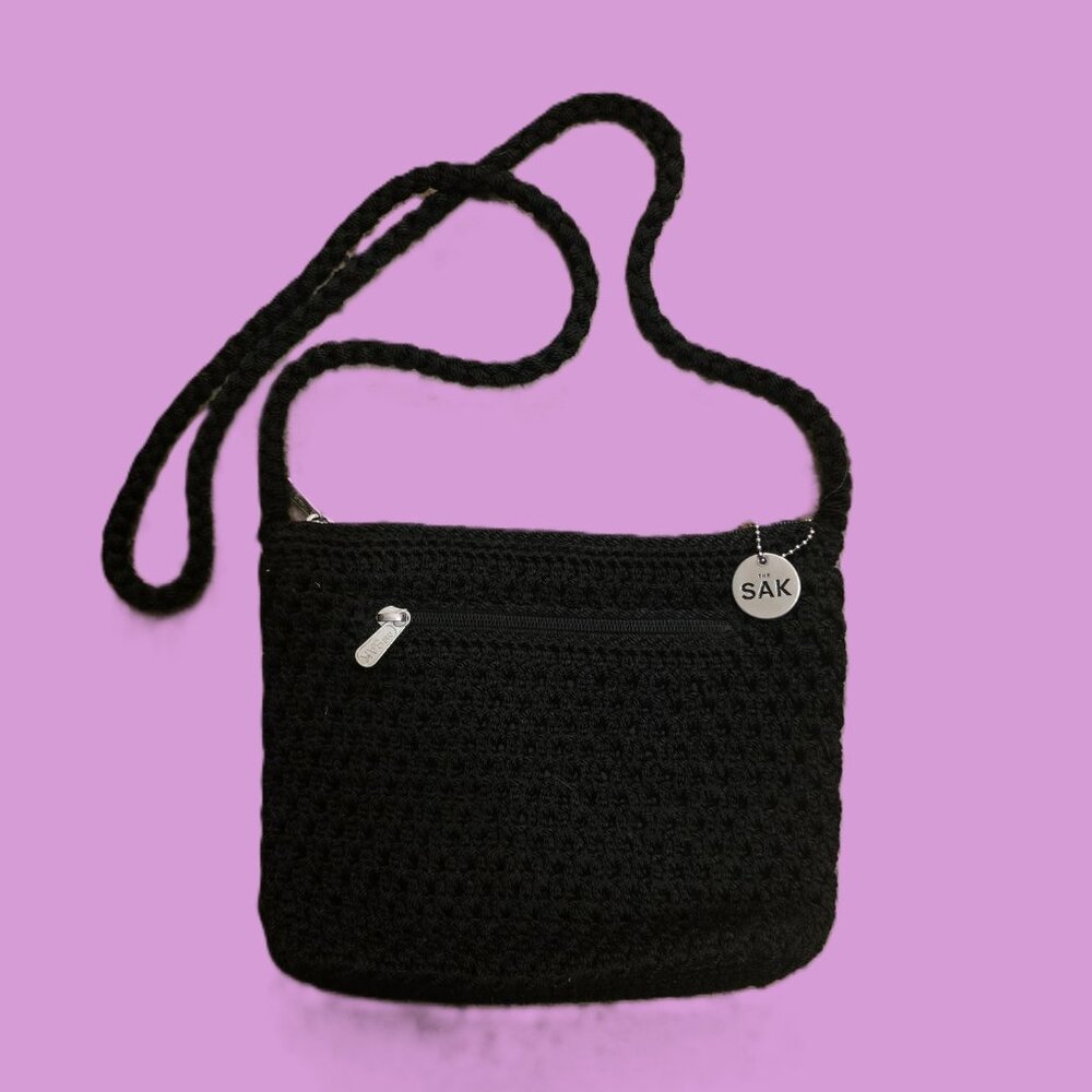 THE SAK black crossbody Crochet Knit Small Shoulder Bag Purse Zip Closure